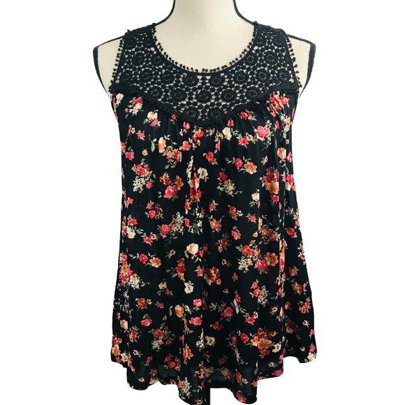 Stylebook Tops - Stylebook Black & Orange Floral Lace Tank Top